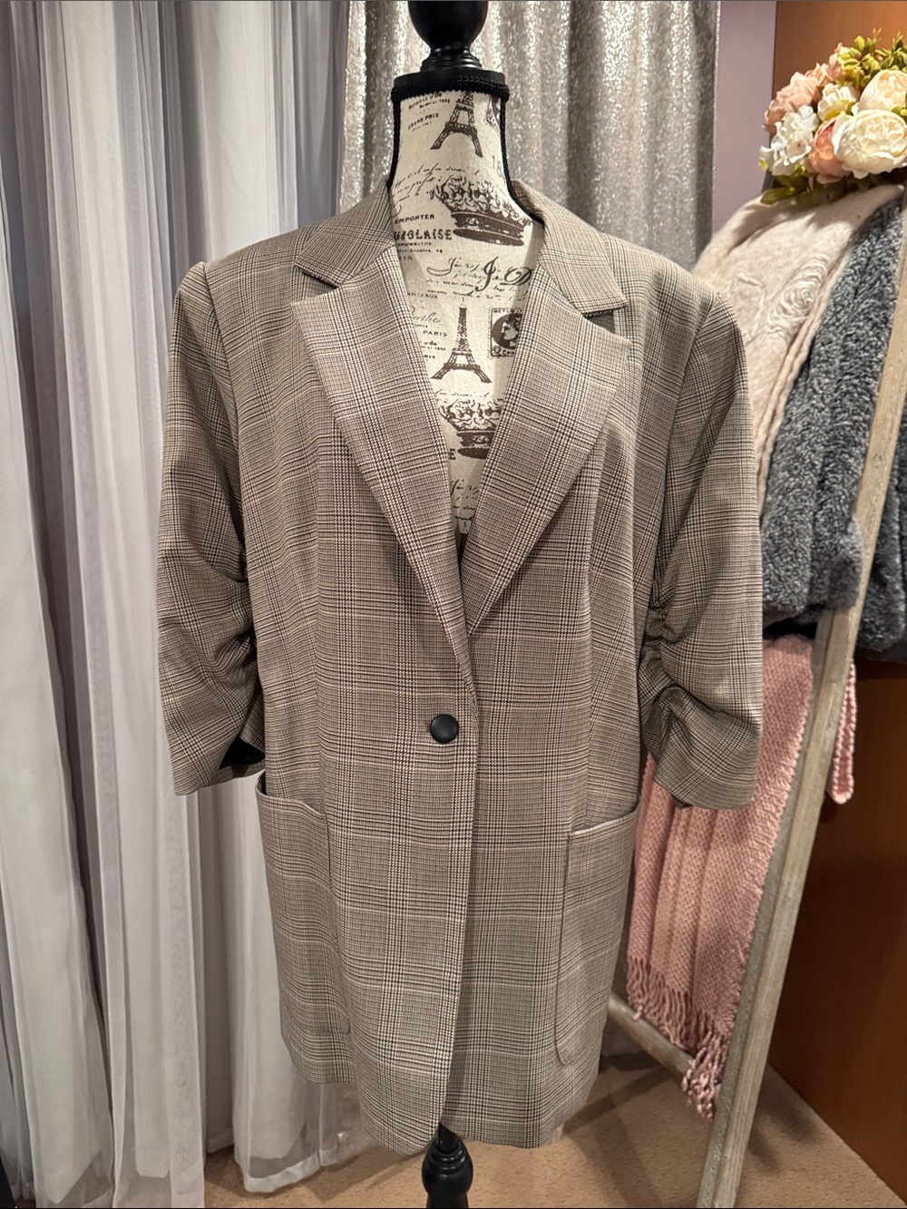 Calvin Klein Taupe Plaid Single-Button Blazer